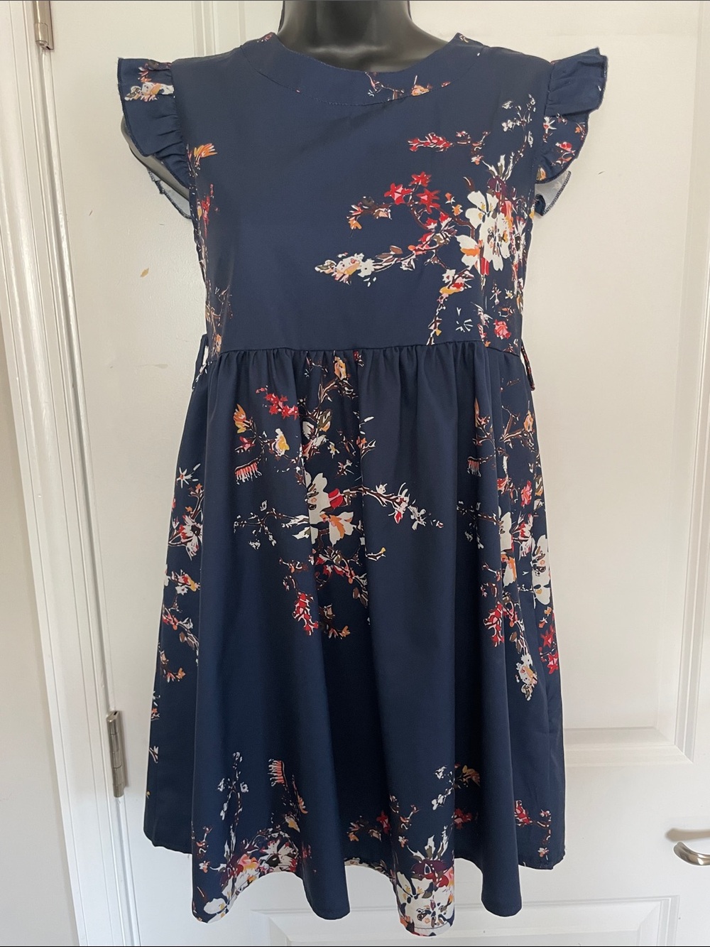 Navy Floral Ruffle Sleeve Dress